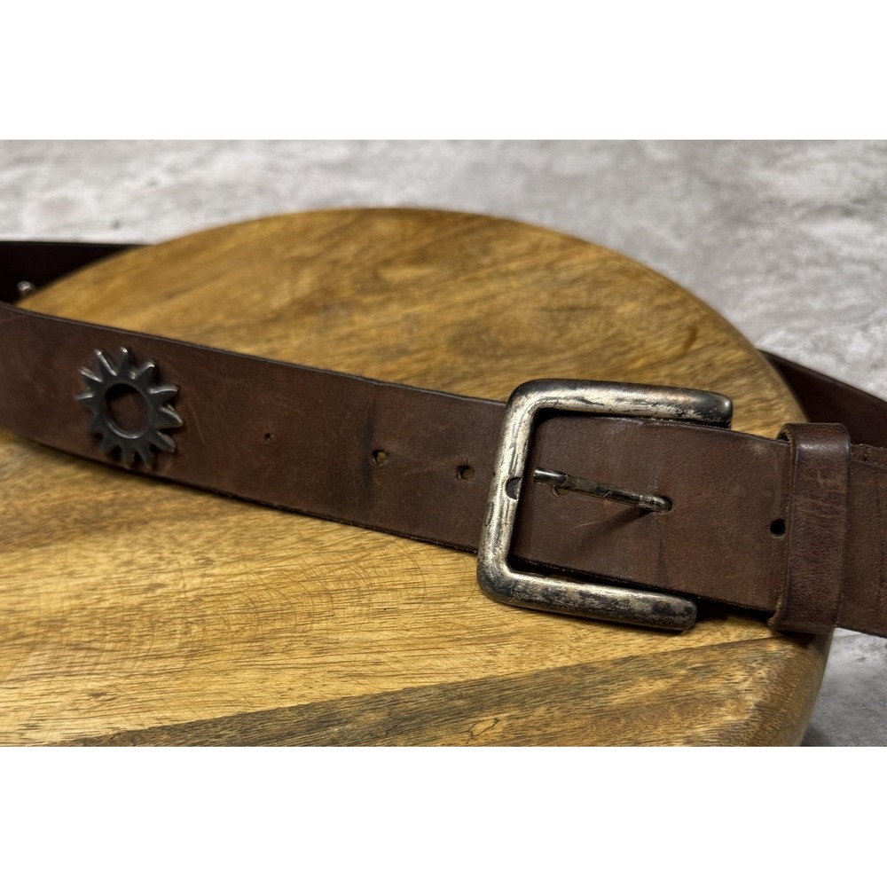 Western Leather Belt Mens Large Brown Sunburst Silver Buckle Canada Sun Aztec‎